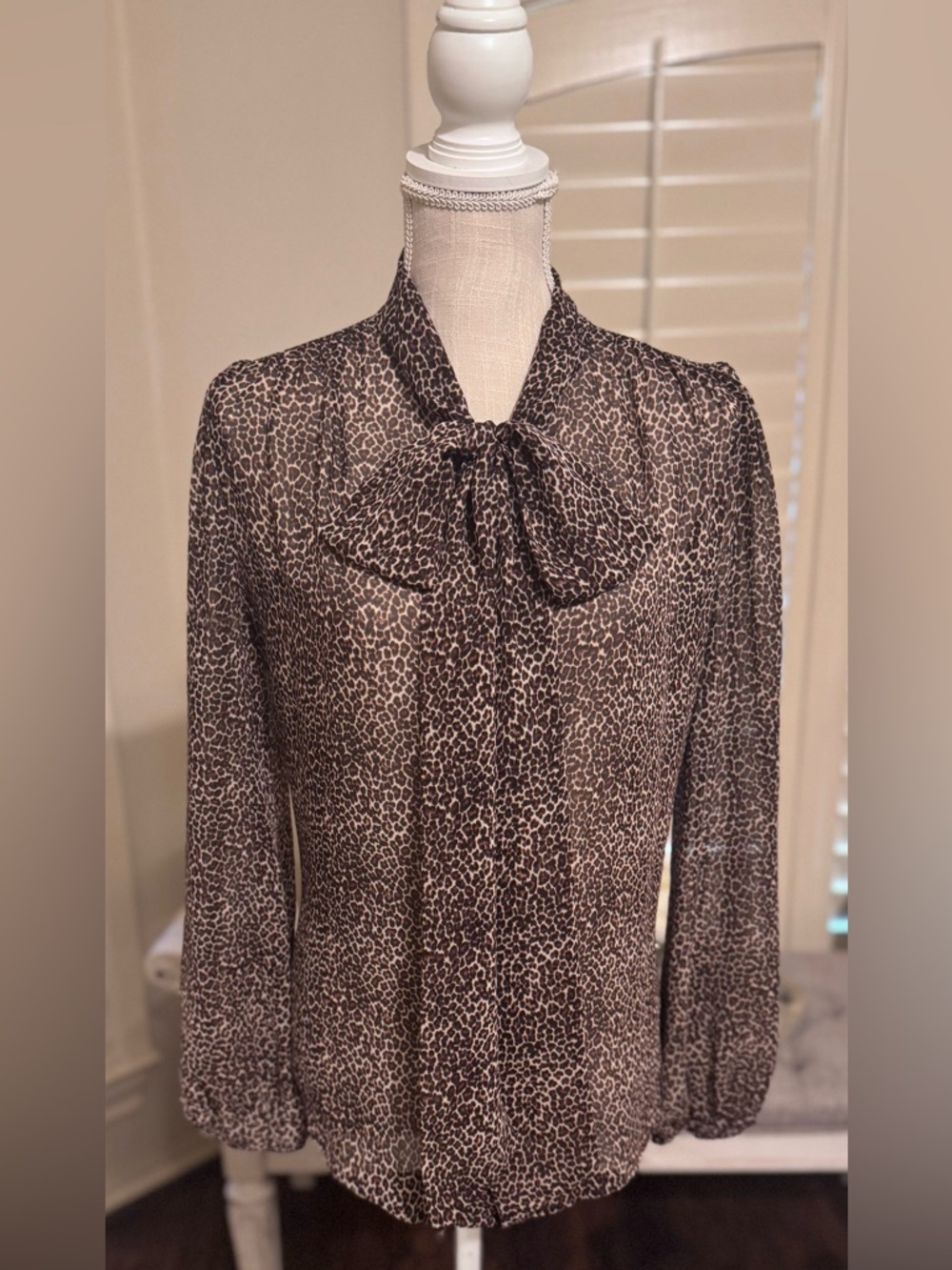 New York and Company Eva Mendez Sheer Brown Leopard Print Tie-Neck Blouse